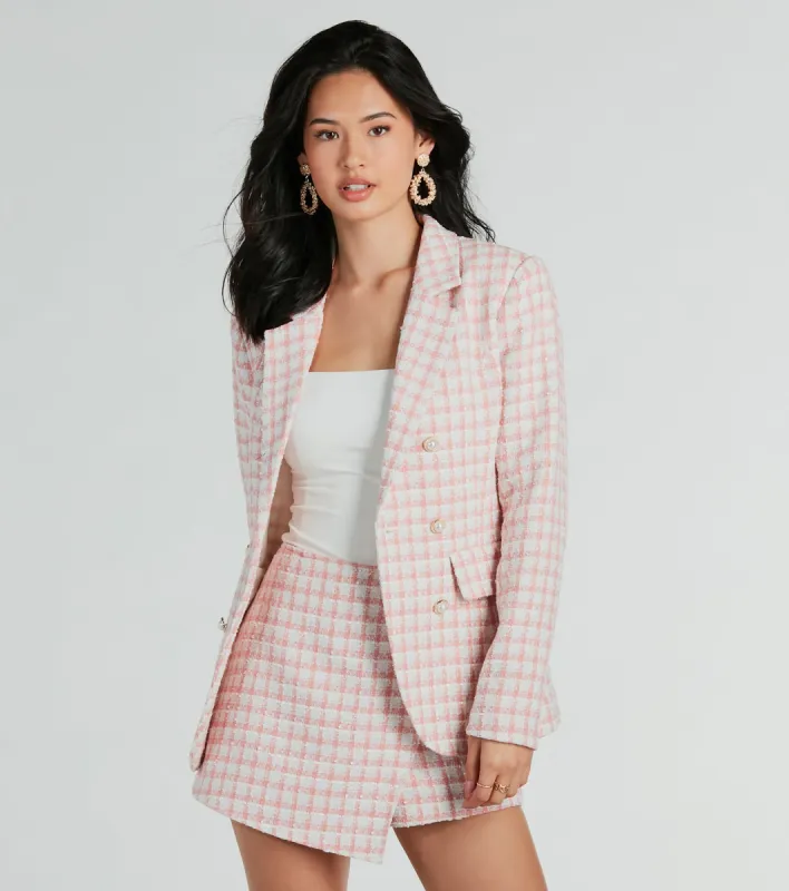 Preppy Beauty Tweed Faux Pearl Button Plaid Blazer sold by Windsor