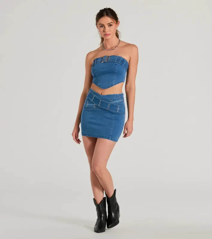 Daily Vibe Cross Belted Denim Mini Skirt sold by Windsor