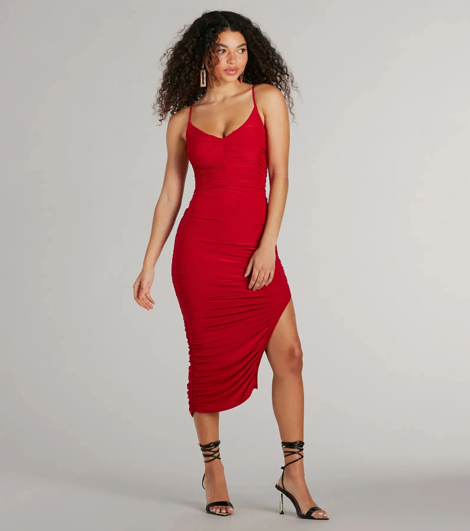 Sultry Status High Slit Ruched Bodycon Midi Dress sold by Windsor