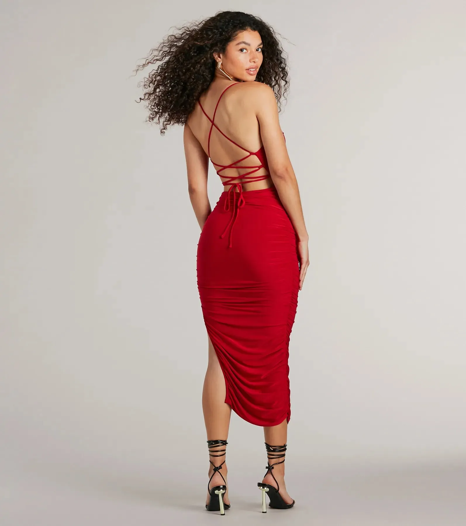 Sultry Status High Slit Ruched Bodycon Midi Dress sold by Windsor product image thumbnail 2