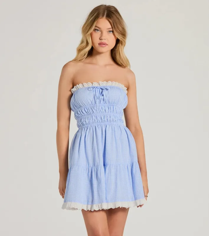 Cheerful Cutie Strapless Gingham Skater Dress sold by Windsor