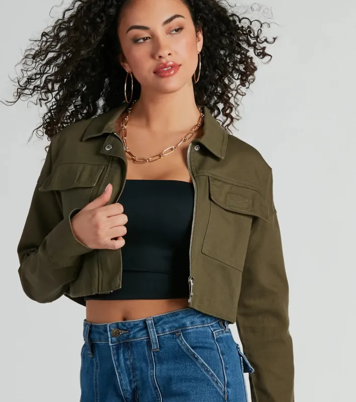 Stylish Expedition Cargo Pocket Crop Bomber Jacket sold by Windsor