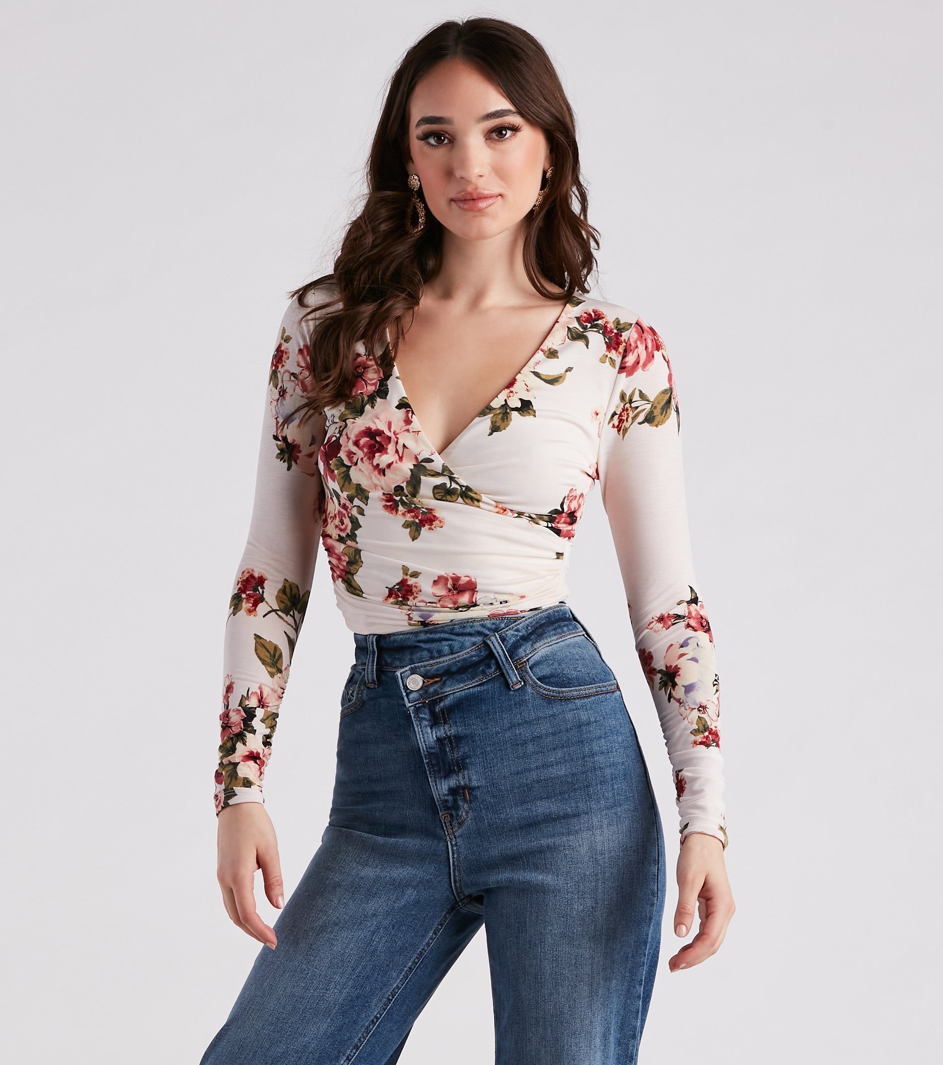 In Spring Floral Surplice Crop Top sold by Windsor