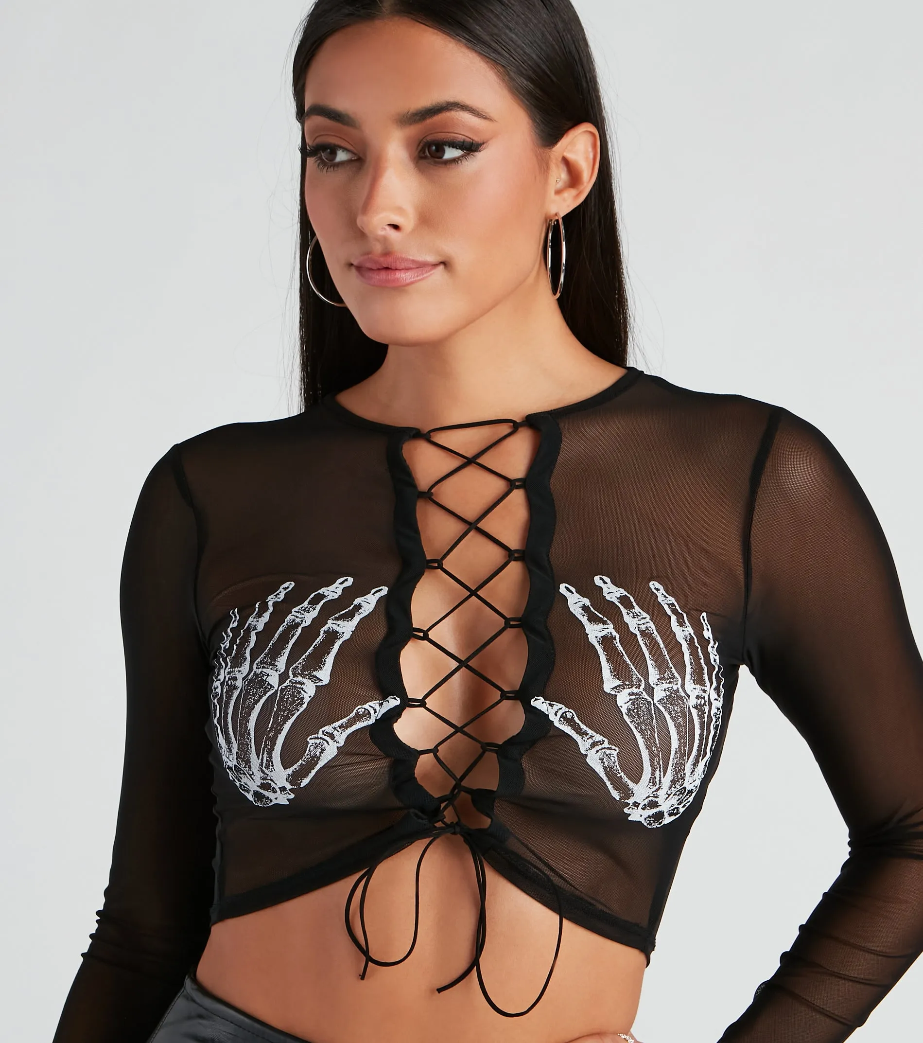 Sultry Skeleton Lace-Up Crop Top sold by Windsor product image thumbnail 3