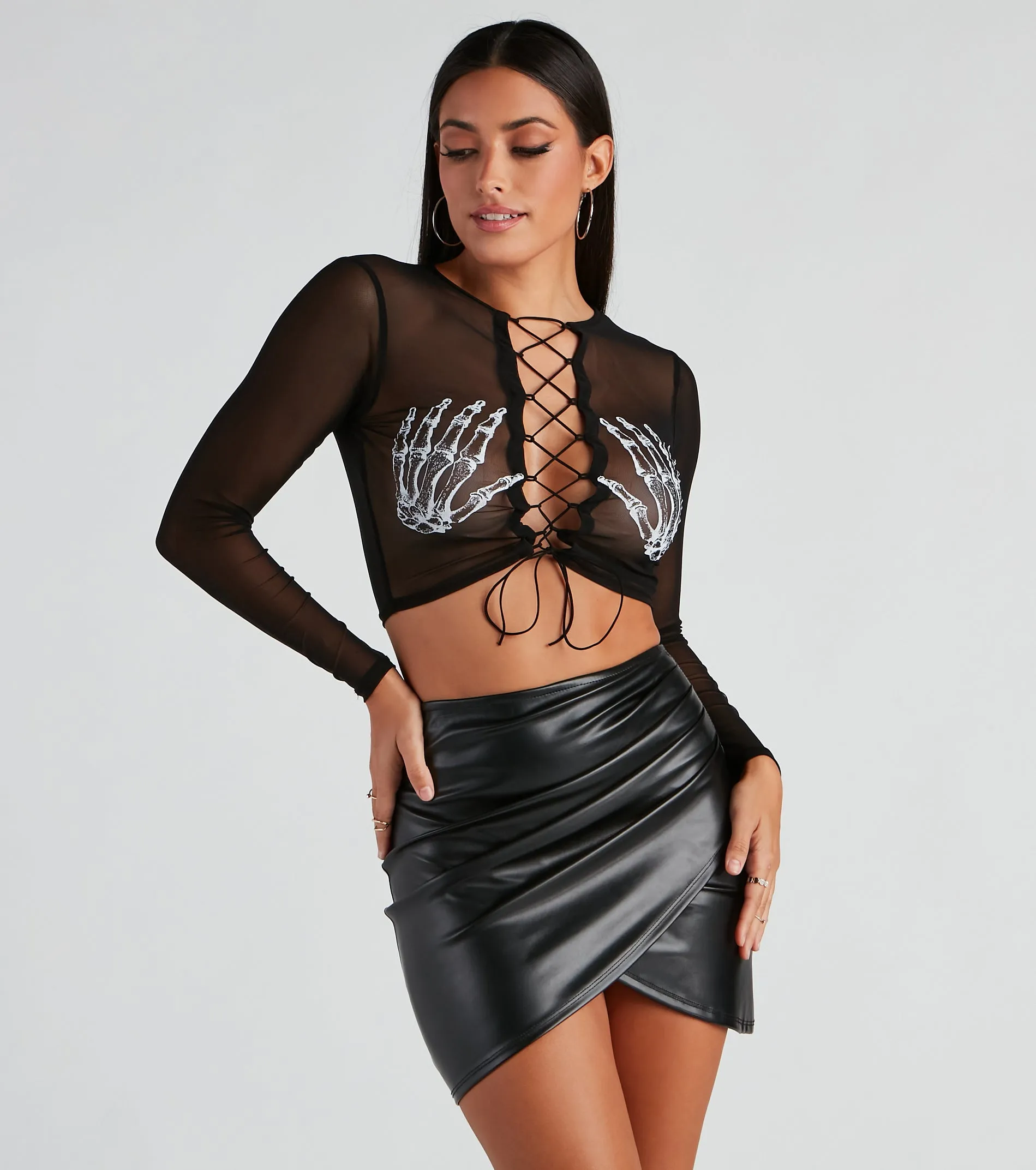 Sultry Skeleton Lace-Up Crop Top sold by Windsor