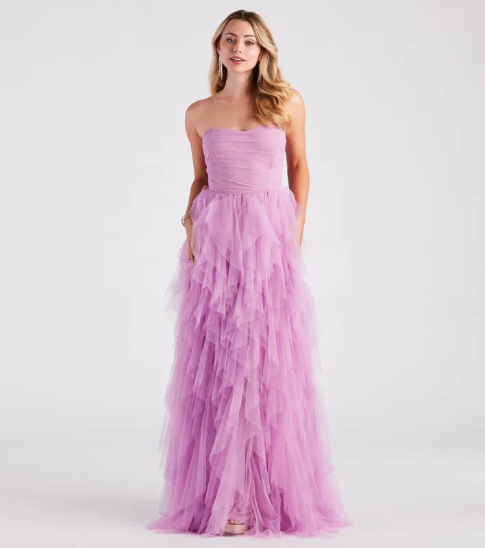 Ariana Strapless Ruffled Mesh Formal Dress sold by Windsor