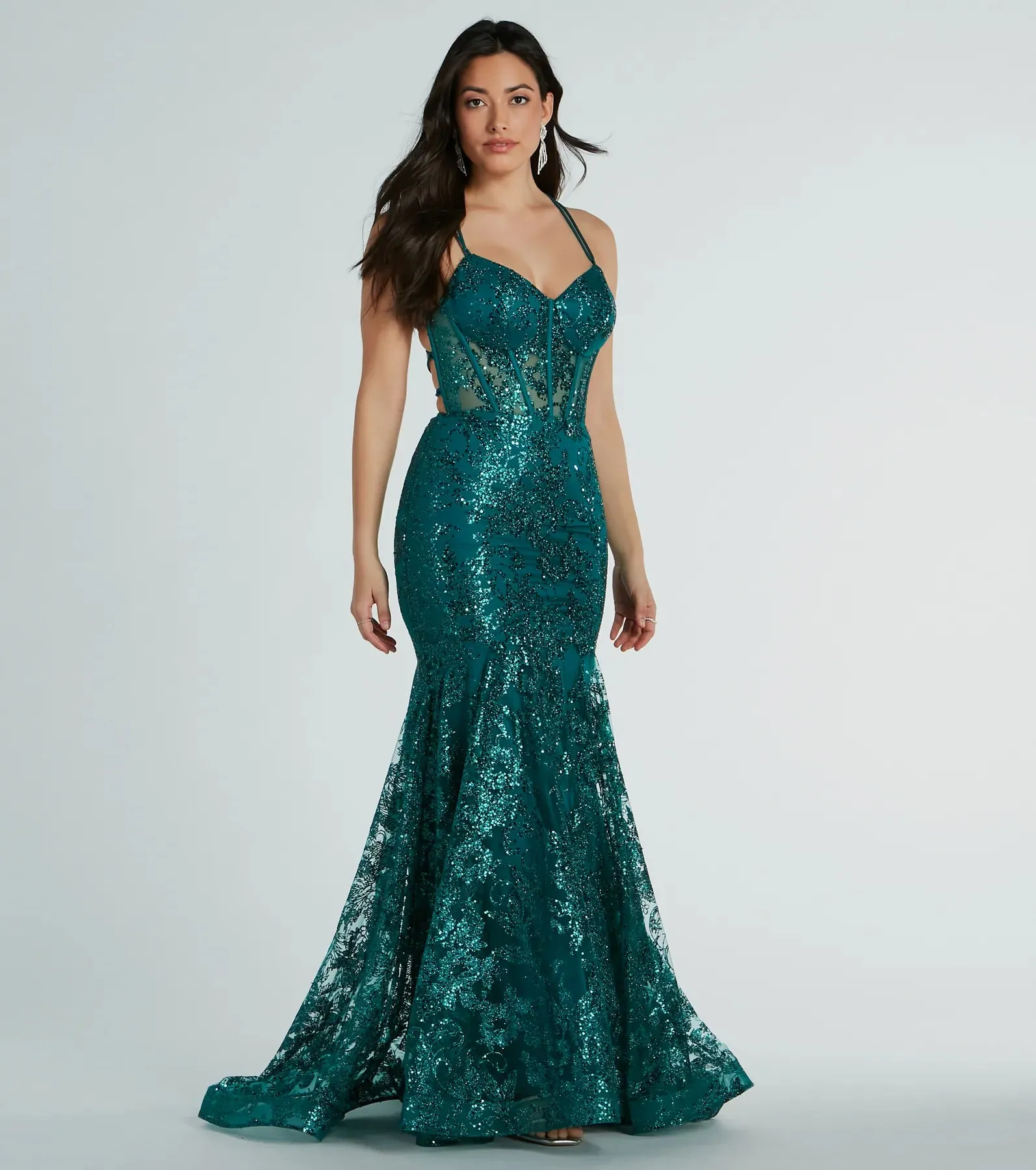 Amal Bustier Lace-Up Mermaid Glitter Sequin Gown sold by Windsor
