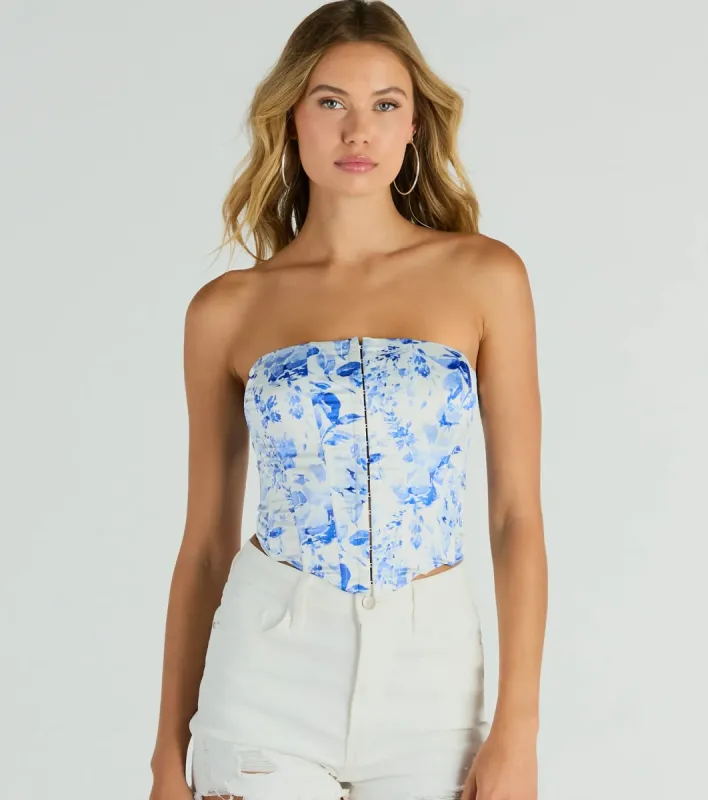 Paint Me In Floral Strapless Satin Corset Top sold by Windsor