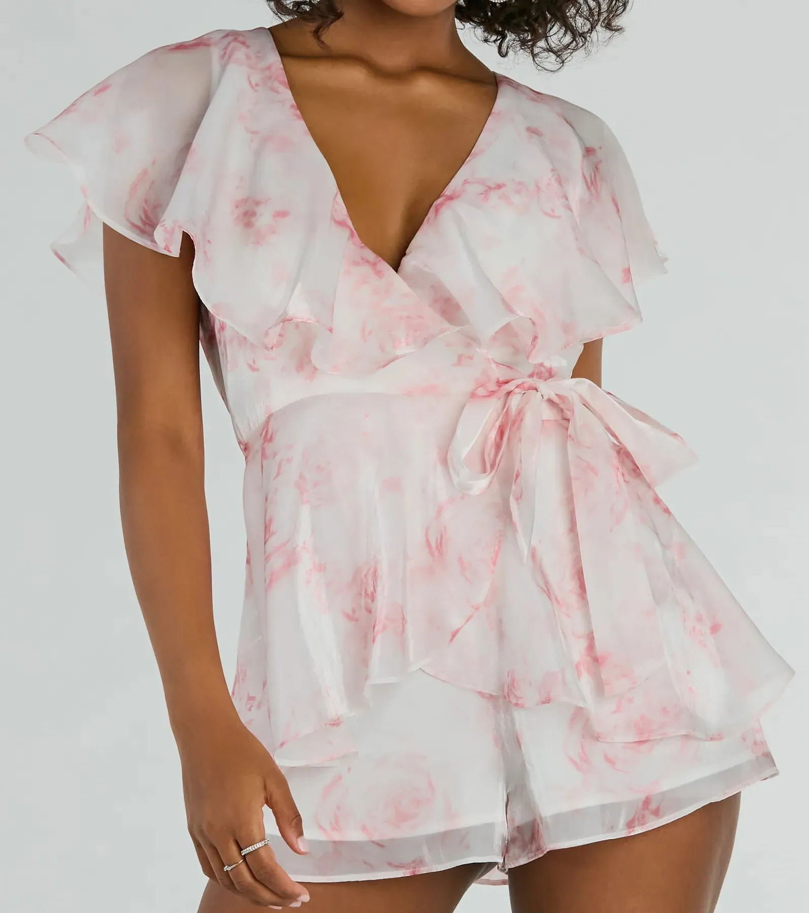 Dreamy Escape Ruffled Rose Floral Organza Romper sold by Windsor product image thumbnail 4
