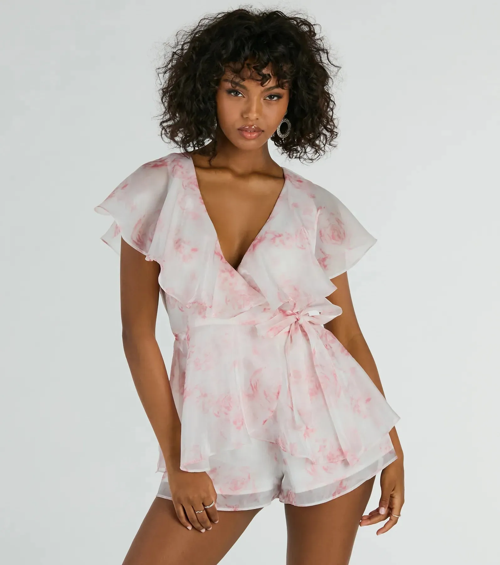 Dreamy Escape Ruffled Rose Floral Organza Romper sold by Windsor