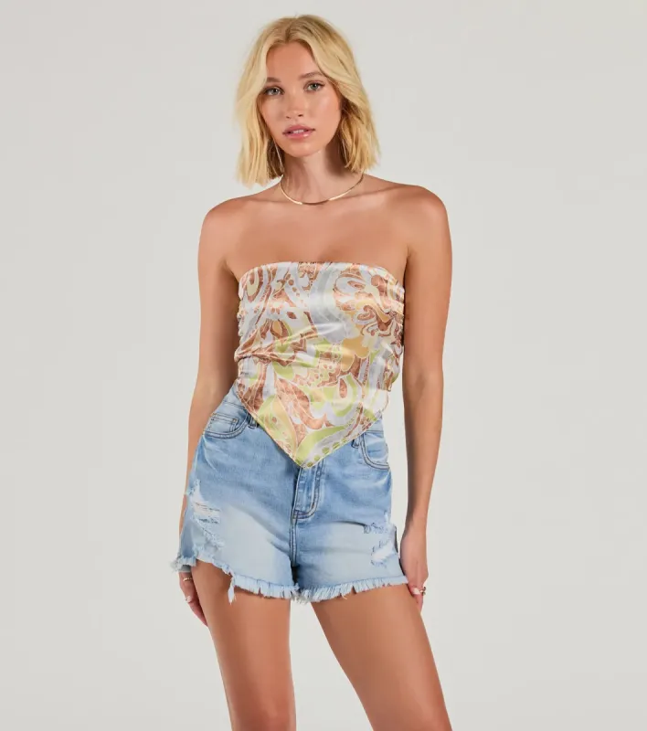 Too Cute Energy Strapless Paisley Satin Crop Top sold by Windsor