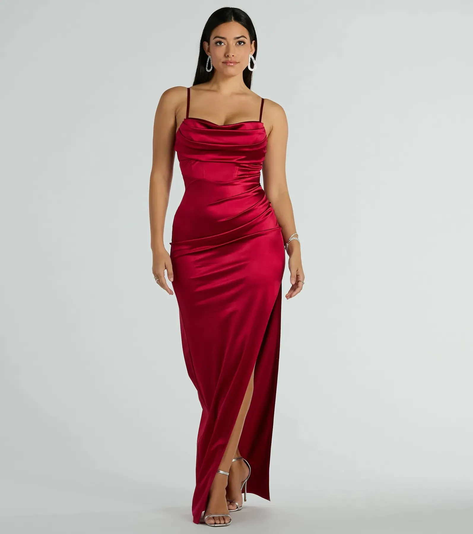 Iliana Cowl Neck High Slit Satin Formal Dress sold by Windsor product image thumbnail 5