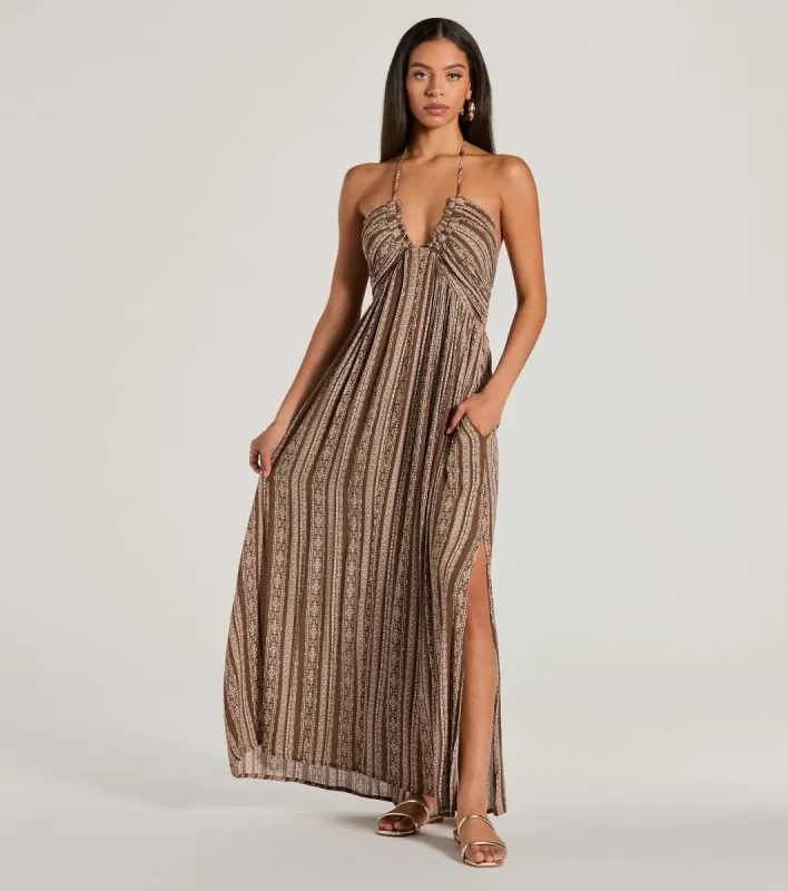 Bohemian-Chic Geometric Striped Halter Maxi Dress sold by Windsor
