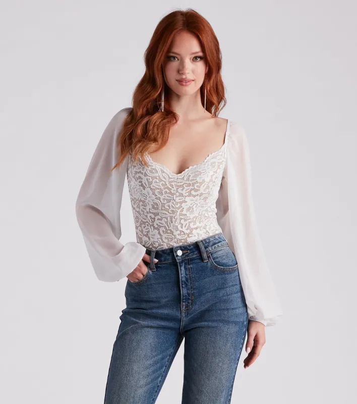Sweet And Sultry Lace Chiffon Bodysuit sold by Windsor