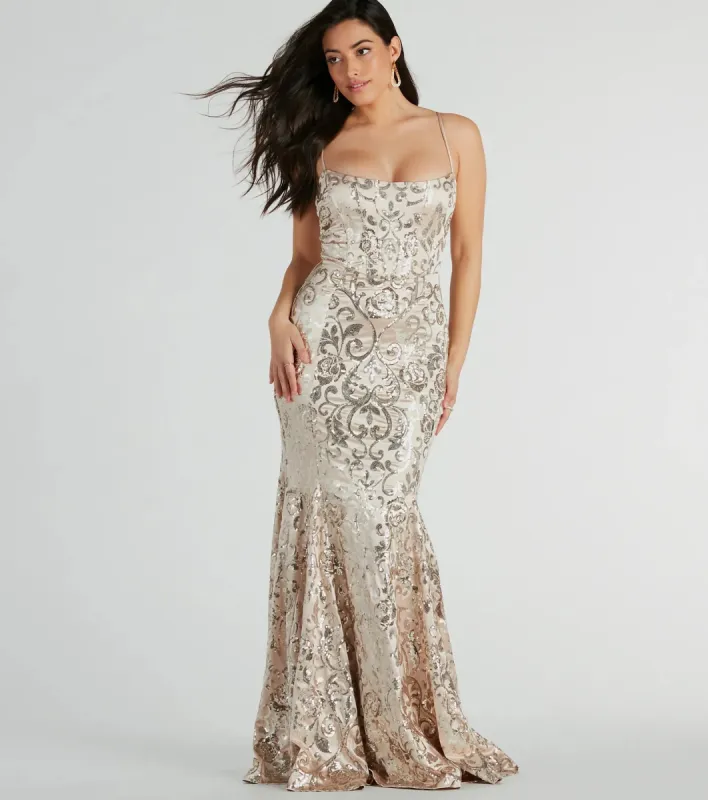 Carly Lace-Up Mermaid Sequin Satin Formal Dress sold by Windsor