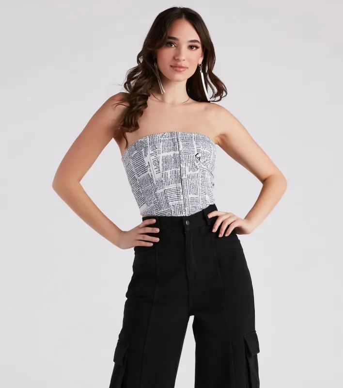 In Other News Lace-Up Newspaper Corset Top sold by Windsor