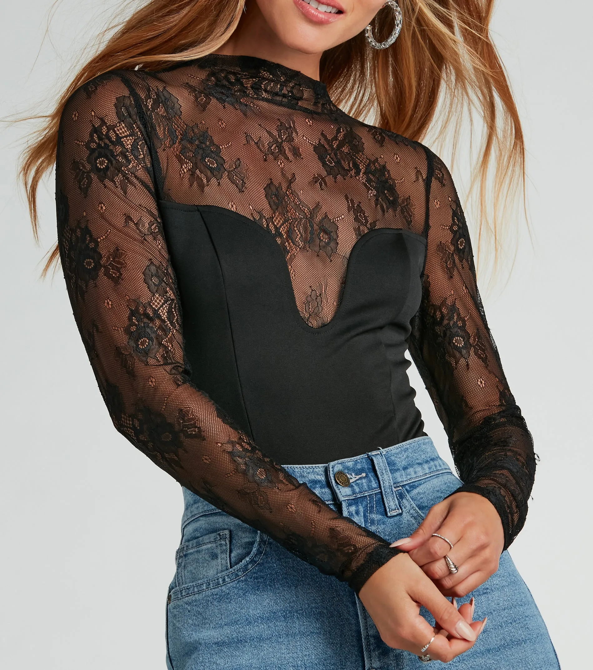 Sultry Allure Long Sleeve Sheer Lace Bodysuit sold by Windsor