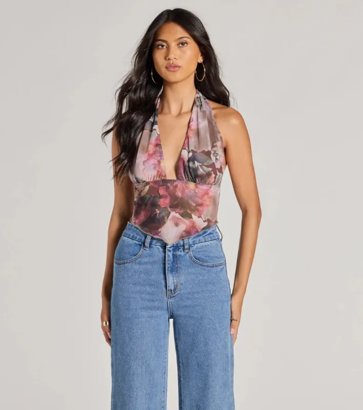 Sultry Impact Halter Abstract Floral Crop Top sold by Windsor