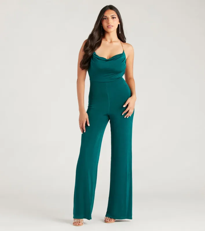 Edgy Perfection Chain Strap Cowl Neck Jumpsuit sold by Windsor