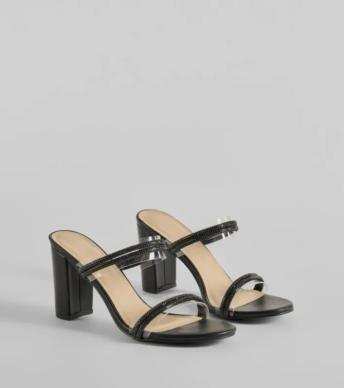 All The Glam Rhinestone Clear Strap Block Heels sold by Windsor