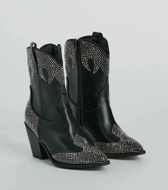Western Flair Rhinestone Flame Faux Leather Boots sold by Windsor