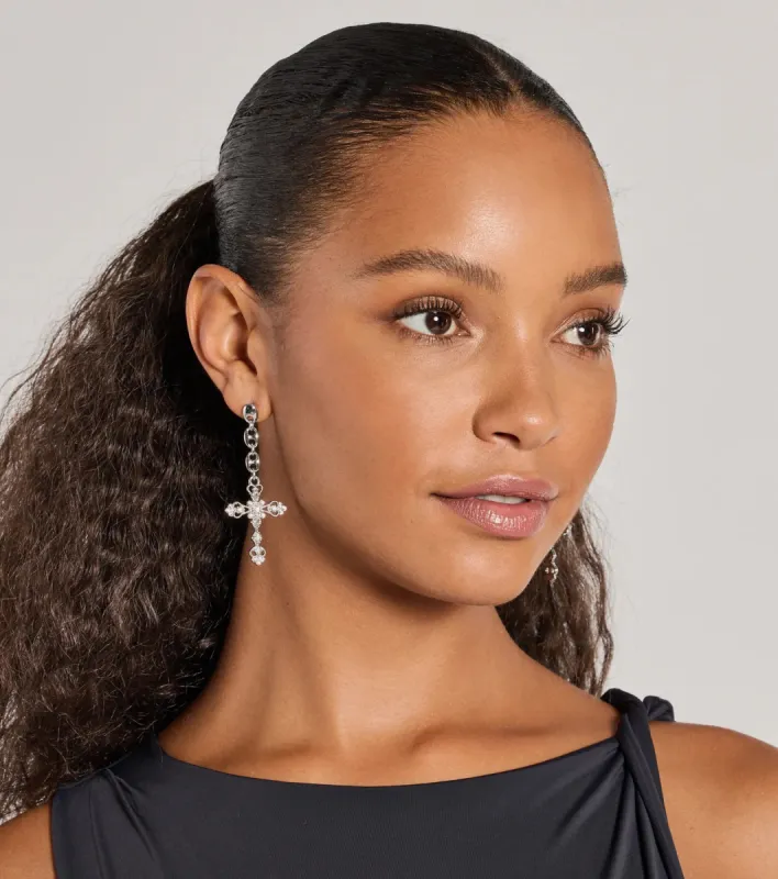 Glam Sheen Rhinestone Cross Earrings sold by Windsor