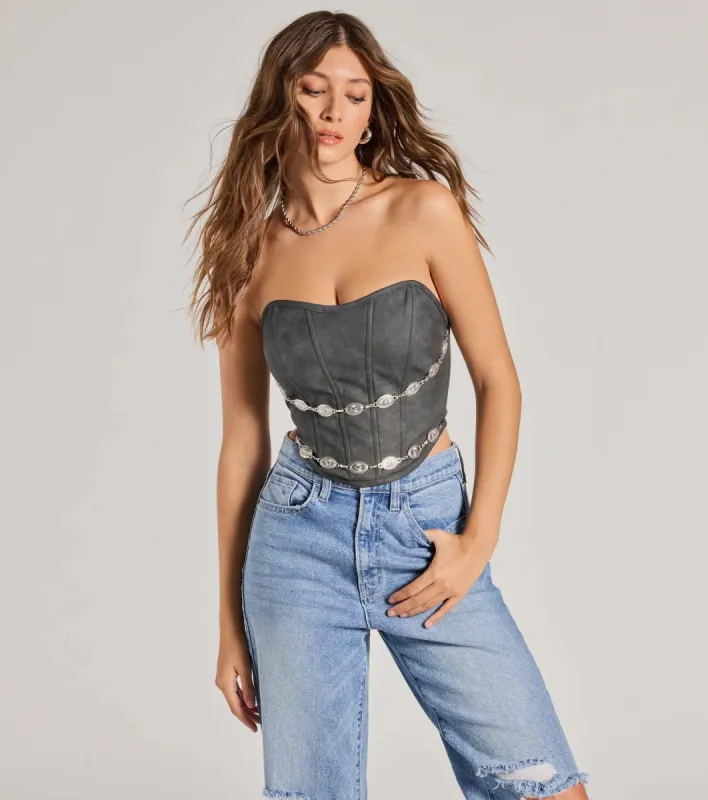 Trendy Chain Trim Faux Leather Corset Top sold by Windsor