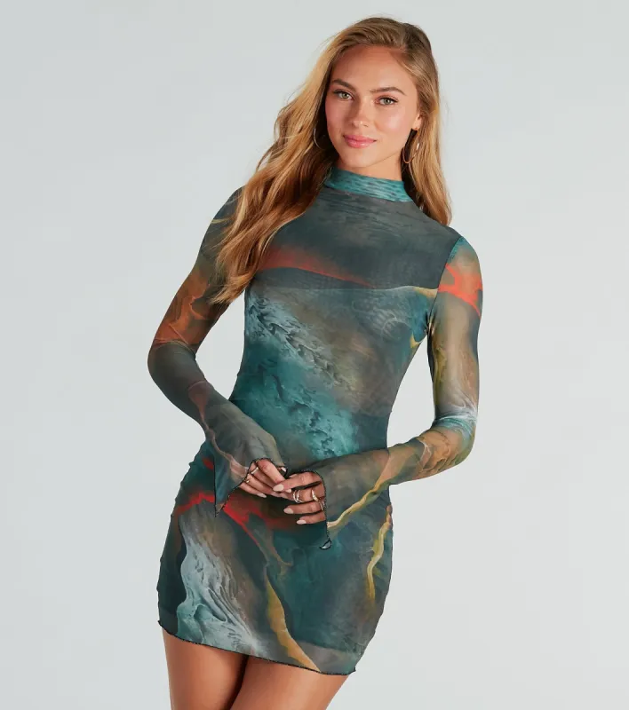PLACEHOLDER - Artsy Play Abstract Mock Neck Mini Dress sold by Windsor