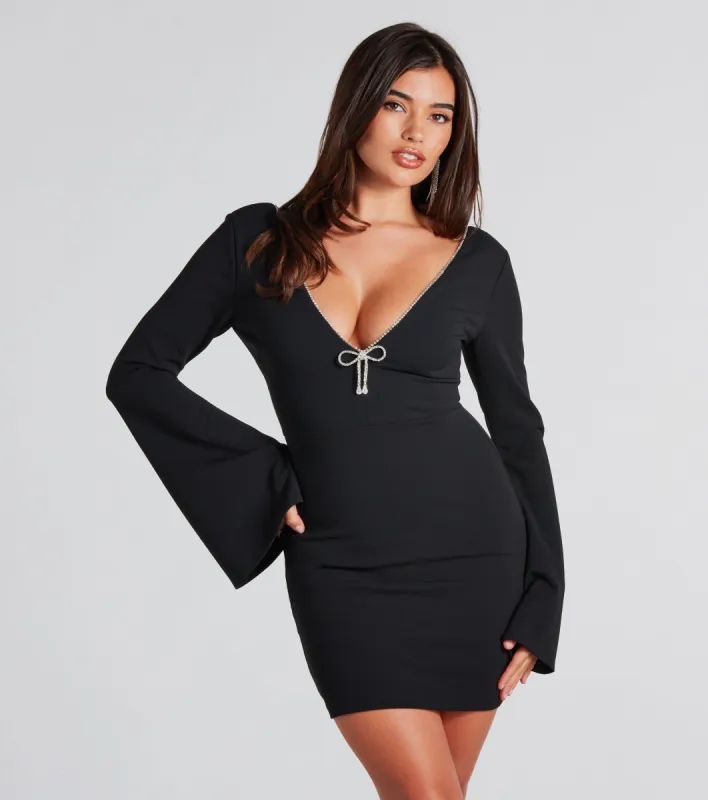 Alaina Rhinestone Trim Bell Sleeve Formal Mini Dress sold by Windsor