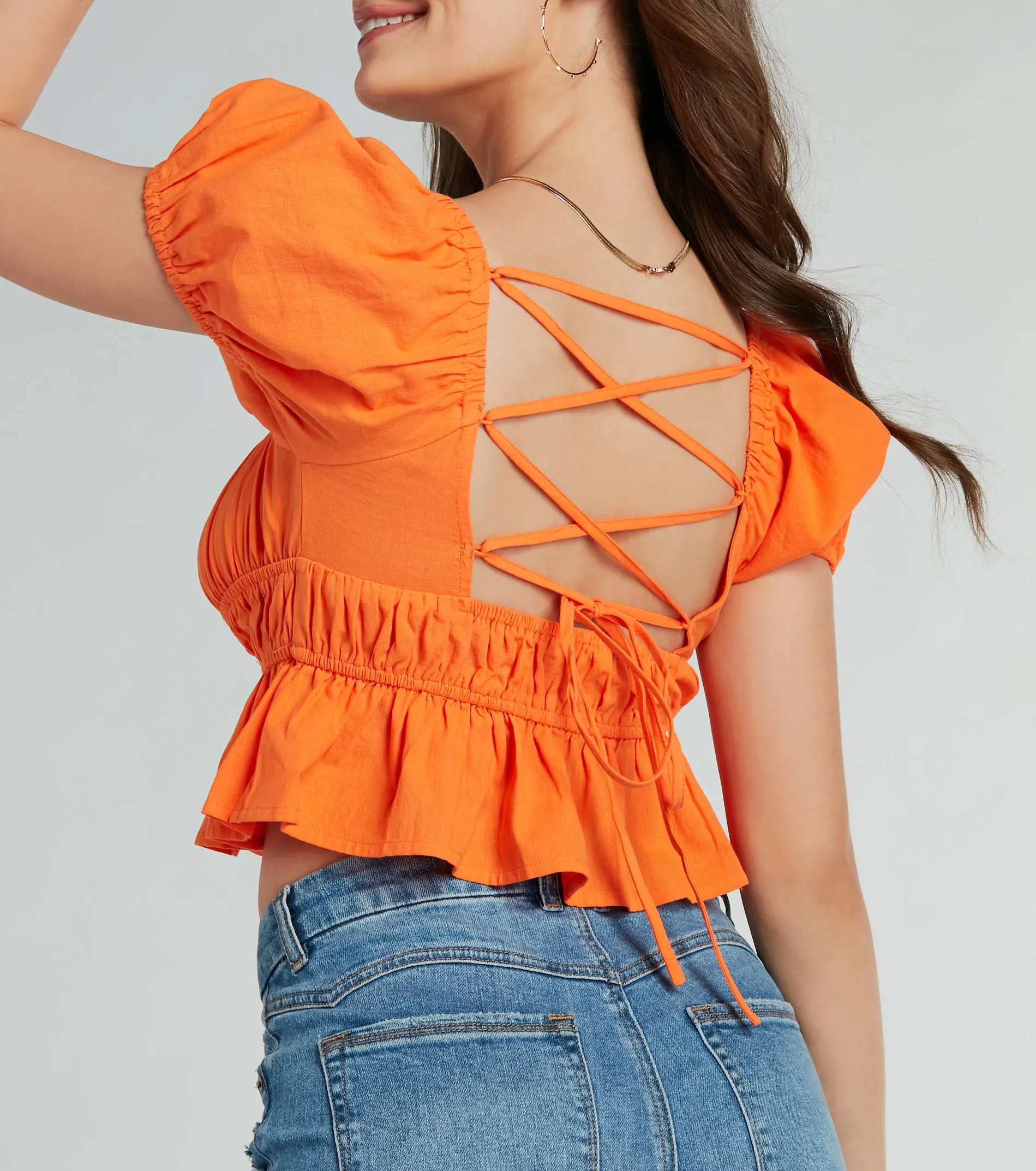 Adoring Looks Puff Sleeve Lace-Up Peplum Crop Top sold by Windsor product image thumbnail 2