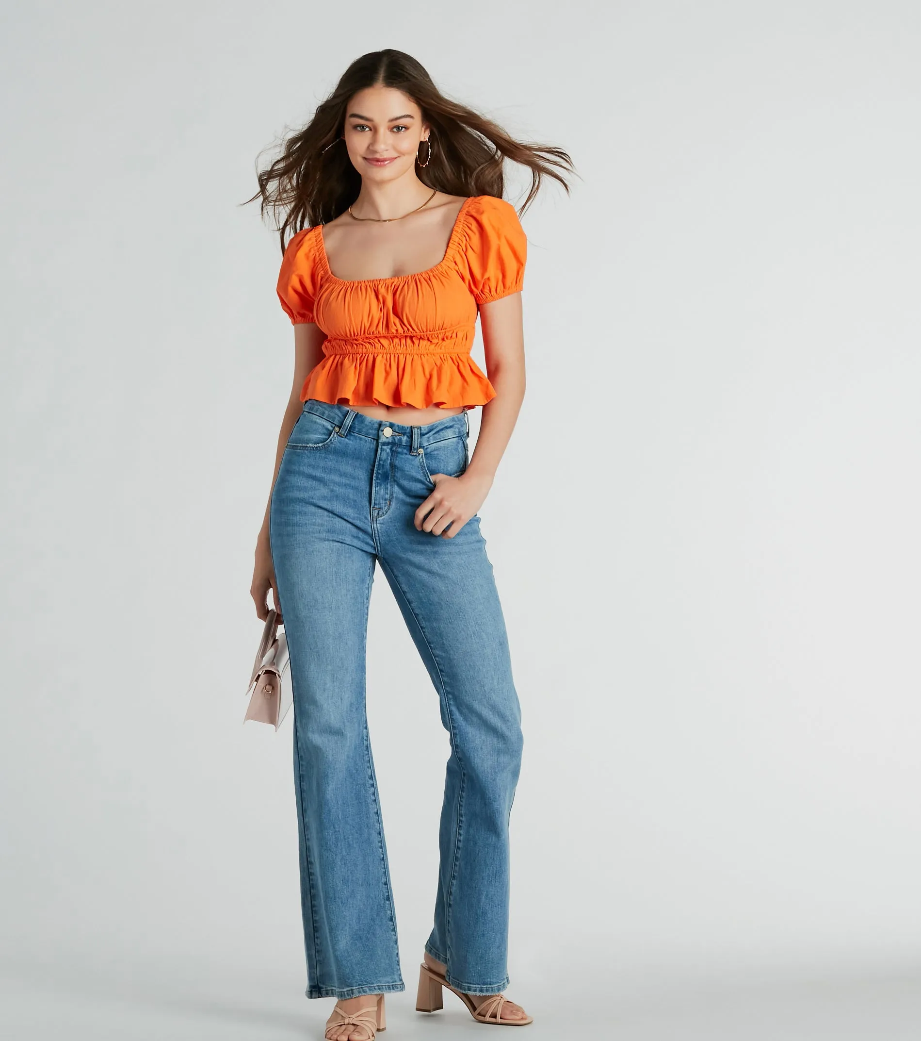 Adoring Looks Puff Sleeve Lace-Up Peplum Crop Top sold by Windsor product image thumbnail 3