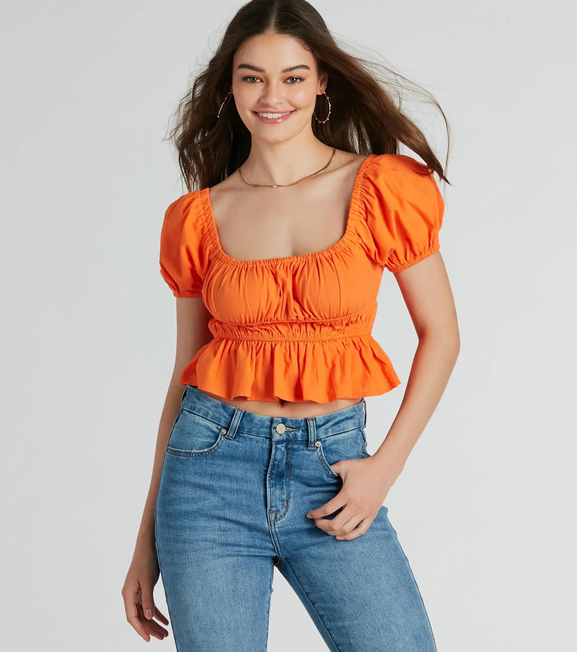 Adoring Looks Puff Sleeve Lace-Up Peplum Crop Top sold by Windsor