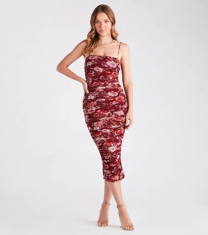 Fresh In Floral Ruched Mesh Midi Dress sold by Windsor