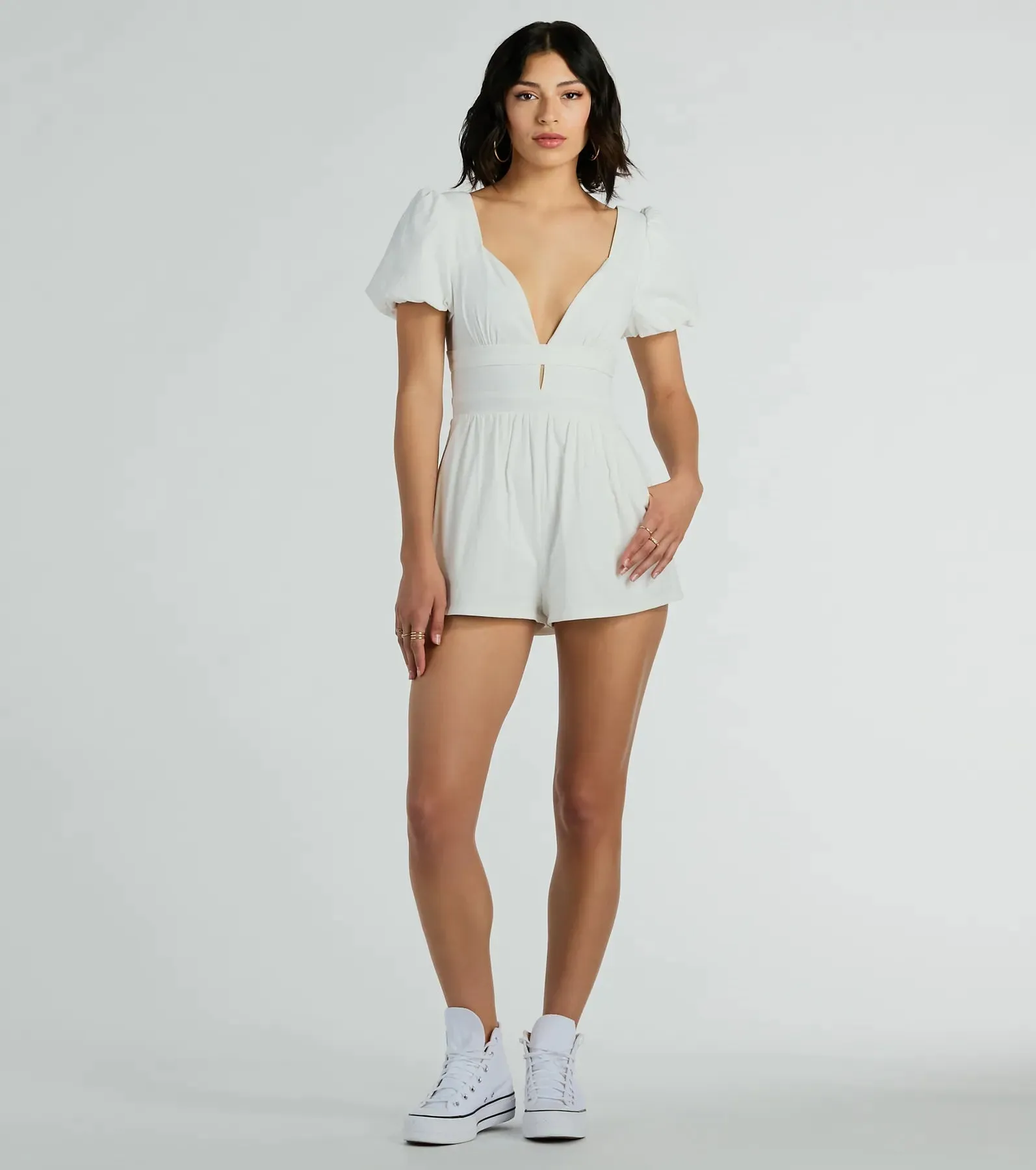 One Take Puff Sleeve V-Neck Linen Romper sold by Windsor product image thumbnail 3