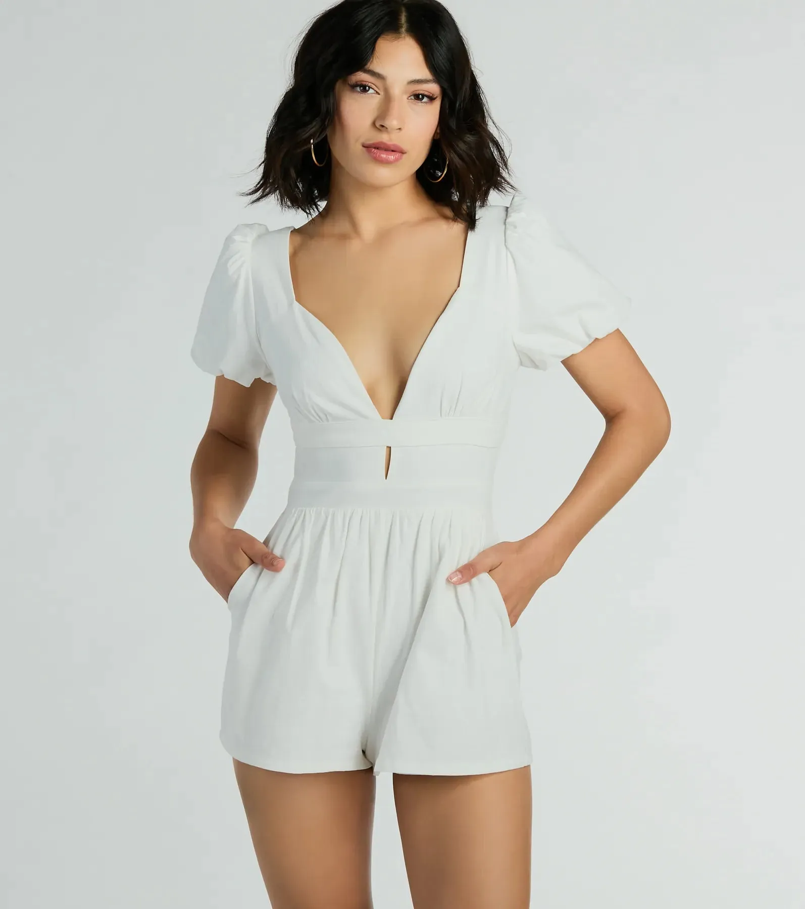 One Take Puff Sleeve V-Neck Linen Romper sold by Windsor