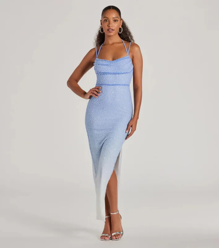 Nia Beaded Ombre Mesh High Slit Formal Dress sold by Windsor