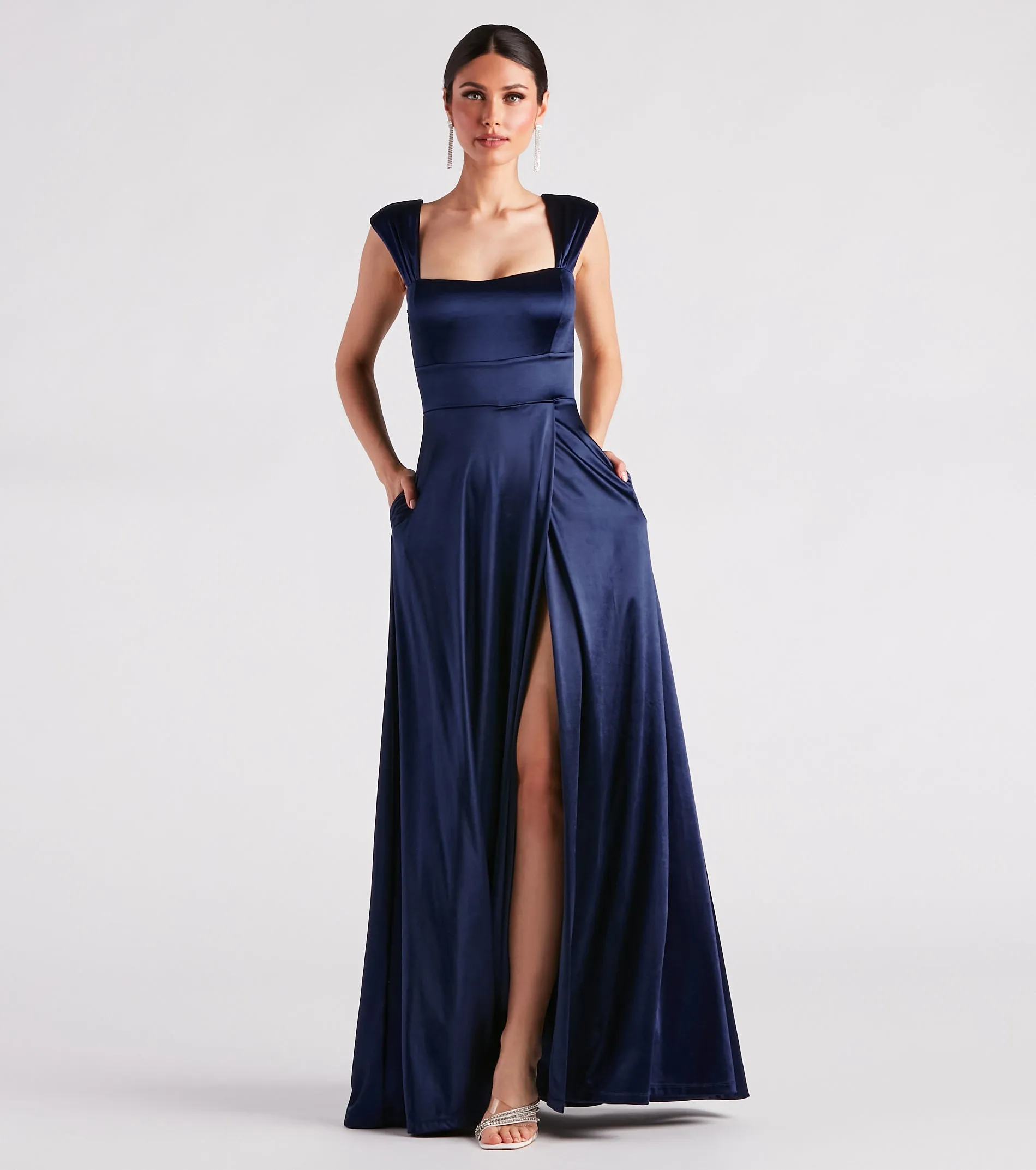 Lisa Satin High Slit A-Line Formal Dress sold by Windsor