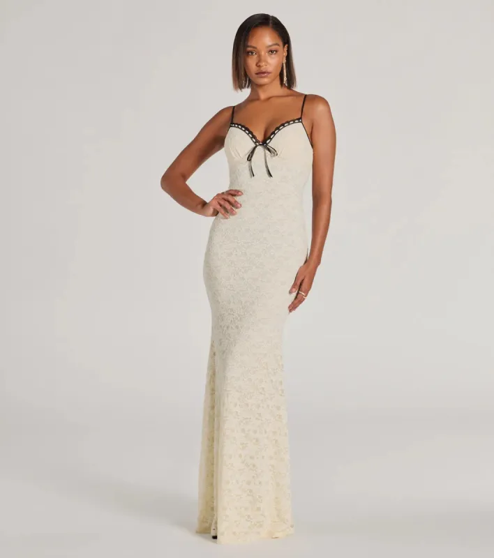 Glinda V-Neck Bow Lace Mermaid Formal Dress sold by Windsor