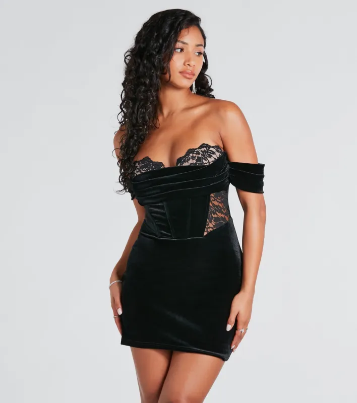 Dropping Hints Velvet Lace Bustier Mini Dress sold by Windsor