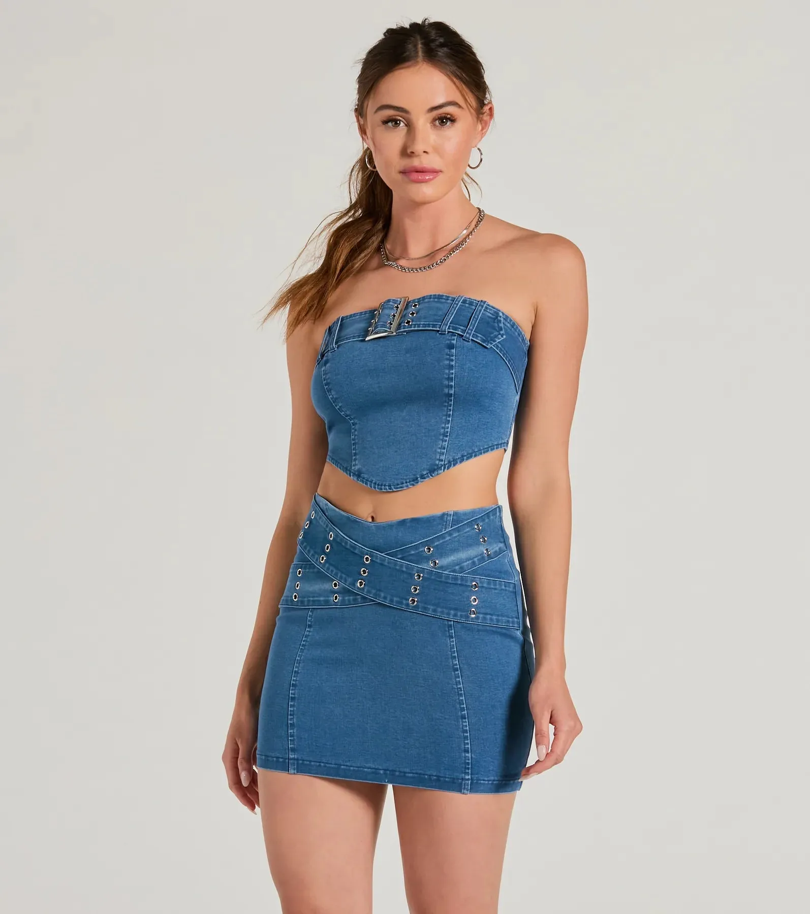 Daily Vibe Strapless Belted Denim Crop Top sold by Windsor
