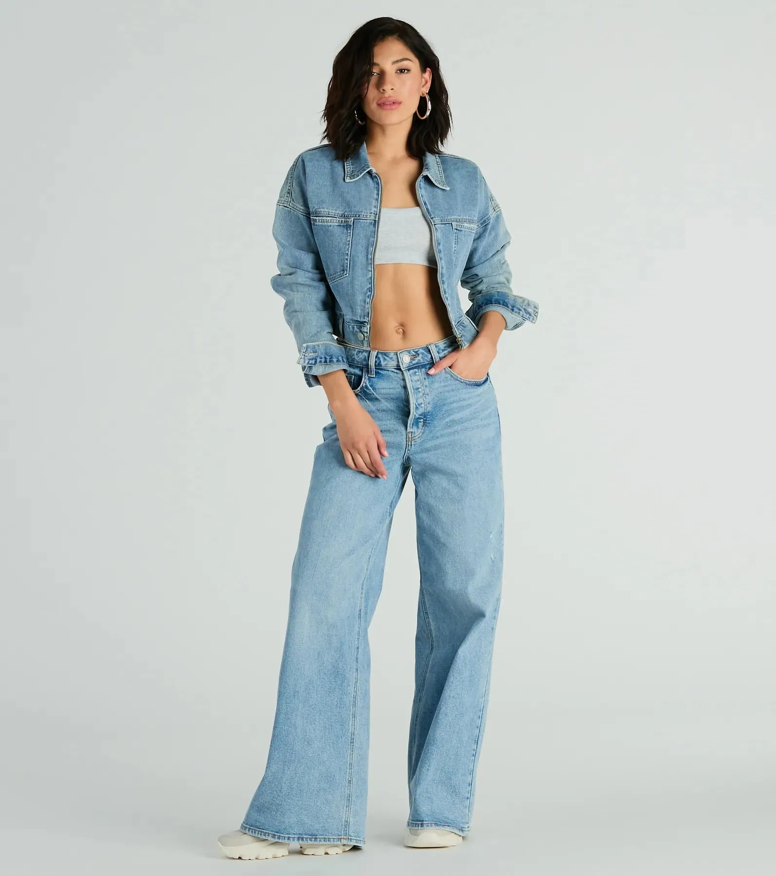Good Vibes Zip-Up Crop Trucker Denim Jacket sold by Windsor product image thumbnail 3