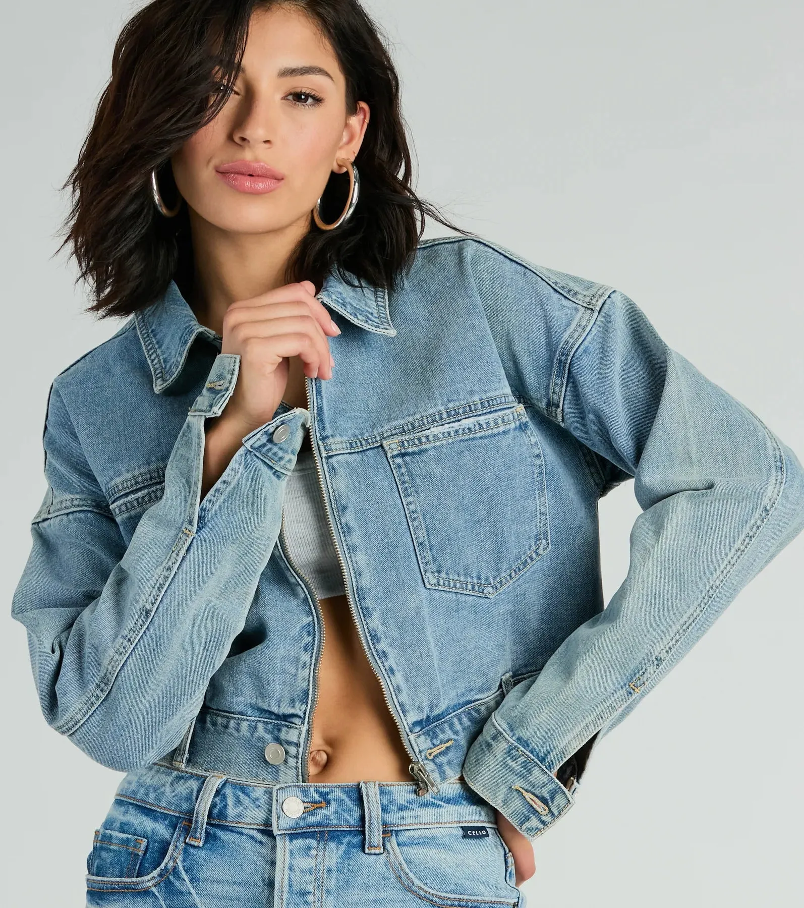 Good Vibes Zip-Up Crop Trucker Denim Jacket sold by Windsor product image thumbnail 4