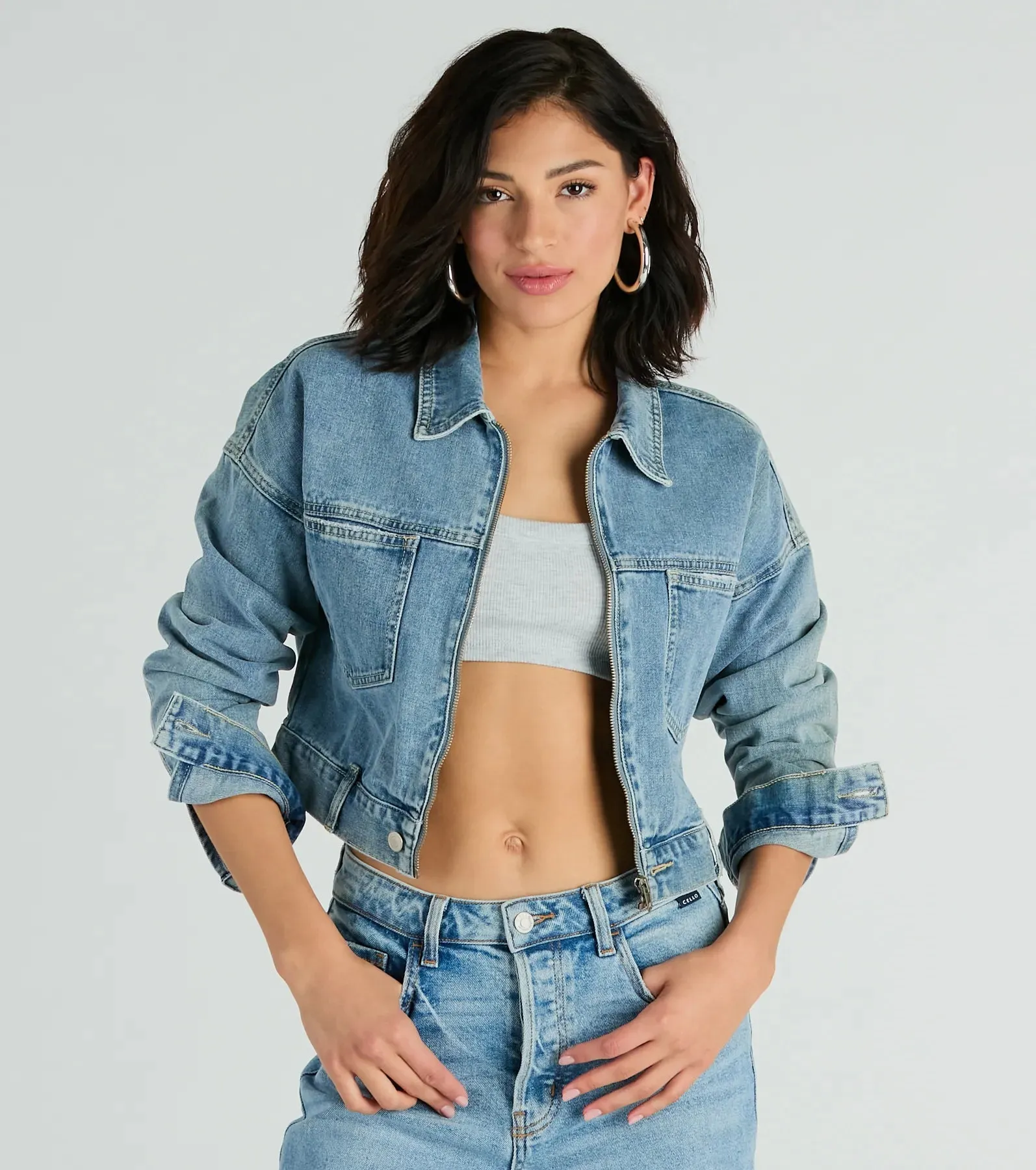 Good Vibes Zip-Up Crop Trucker Denim Jacket sold by Windsor