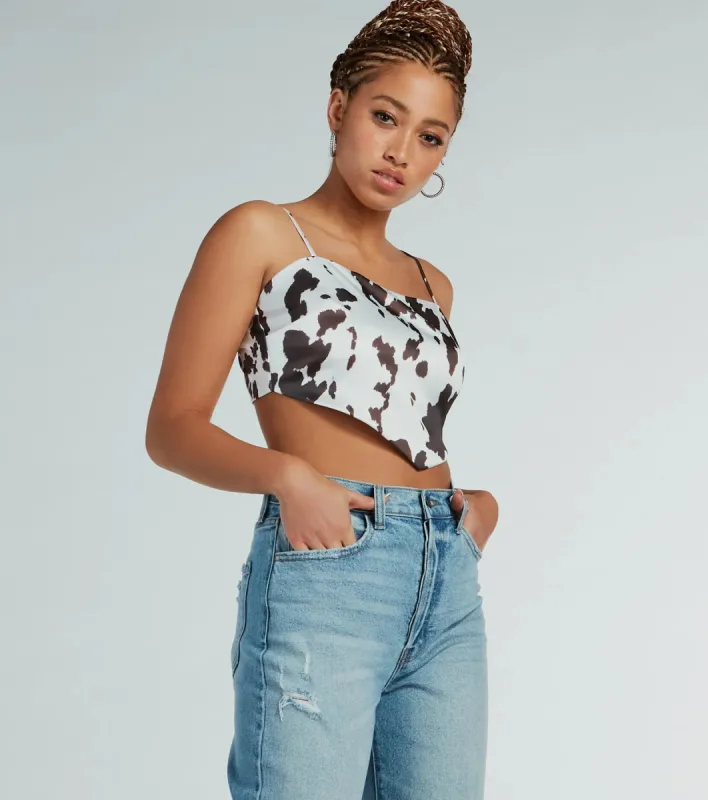 Country Chick Cow Print Satin Crop Top sold by Windsor
