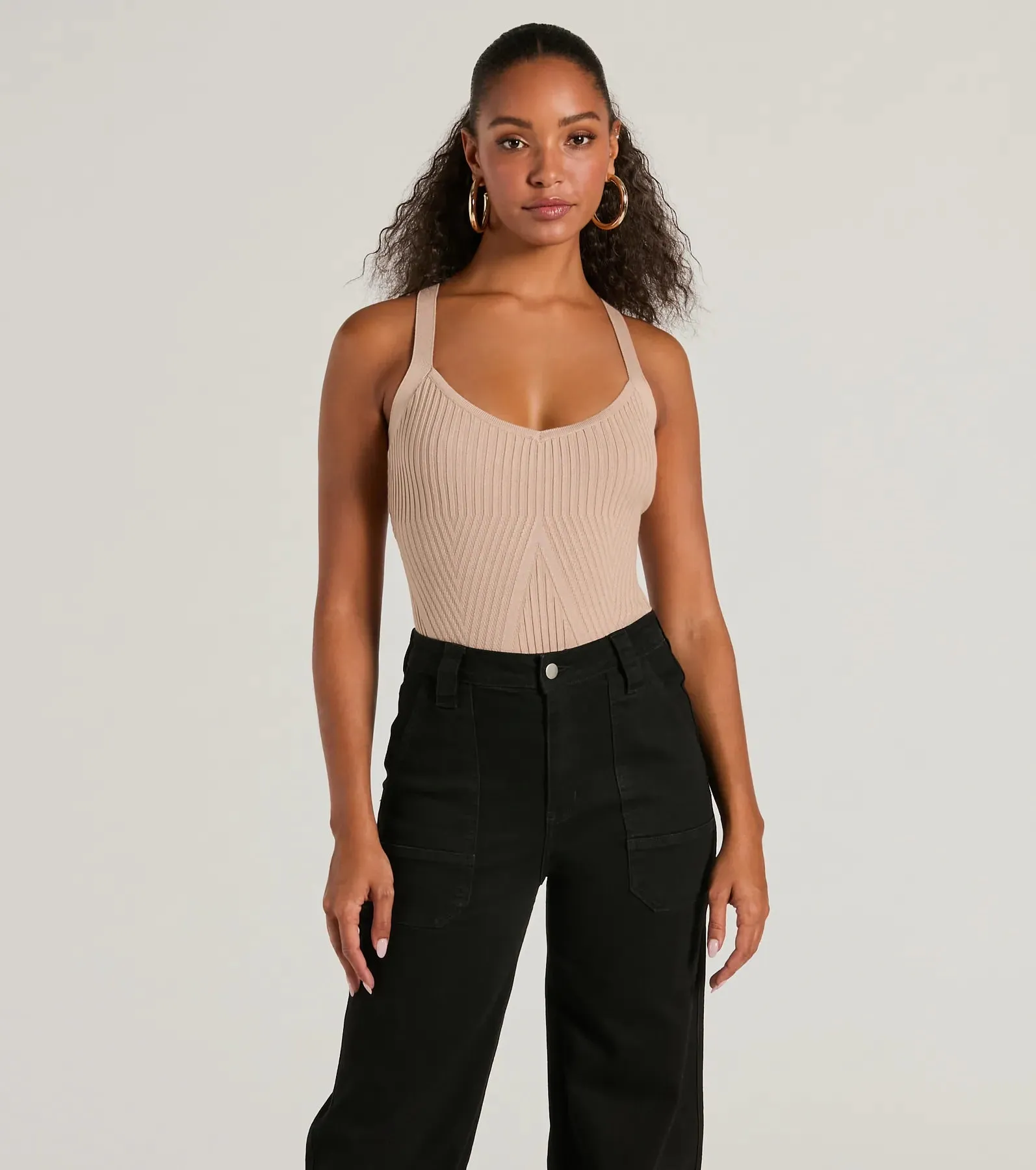 Up A Notch Sleeveless V-Neck Knit Bodysuit sold by Windsor