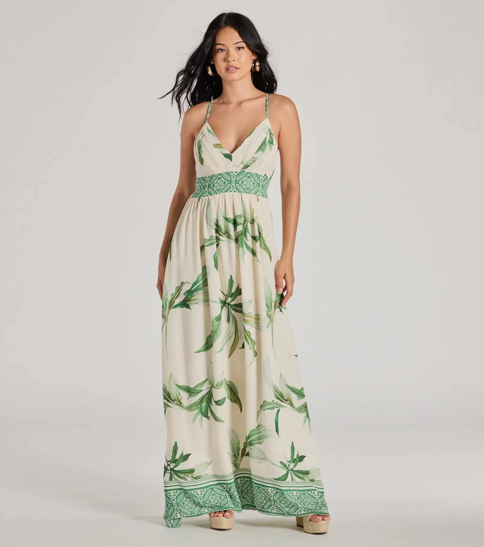 Fiji Feeling Sleeveless Lace-Up Tropical Maxi Dress sold by Windsor