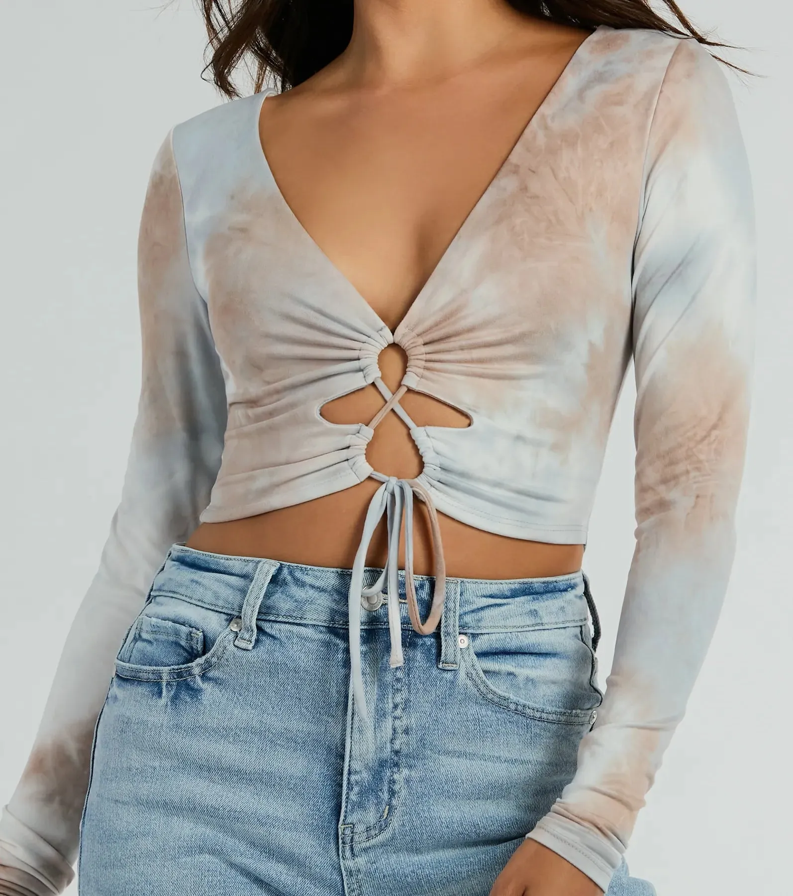 Tie Dye Cutie Lace-Up Long Sleeve Crop Top sold by Windsor product image thumbnail 4