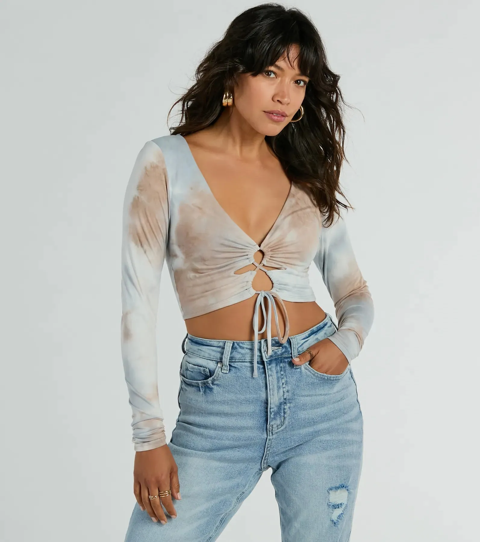 Tie Dye Cutie Lace-Up Long Sleeve Crop Top sold by Windsor