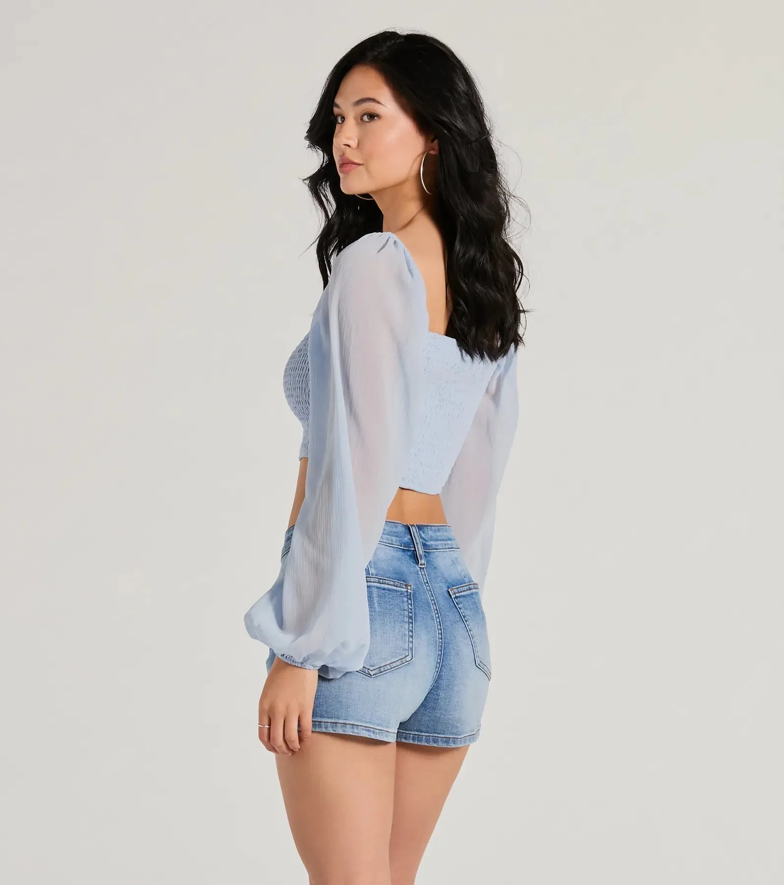 Too Sweet Long Sleeve Smocked Chiffon Crop Top sold by Windsor product image thumbnail 2