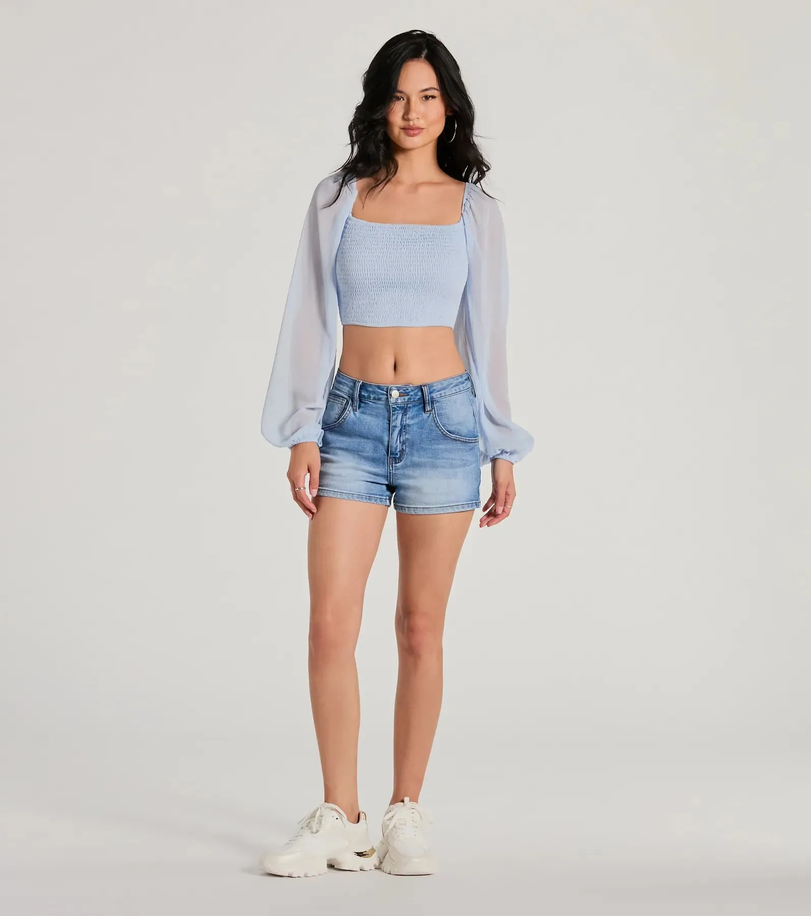 Too Sweet Long Sleeve Smocked Chiffon Crop Top sold by Windsor product image thumbnail 3